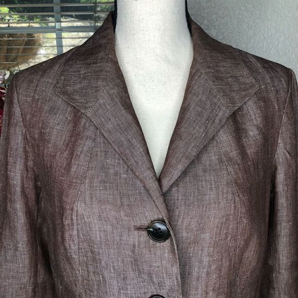 Lafayette 148 Tweedy Brown Linen Three Quarter Sleeve Jacket Career - Picture 2 of 14